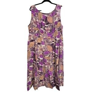 Vtg Plus Size 22 Midi Dress Purple Beige Floral Abstract Y2K Cottagecore Boho